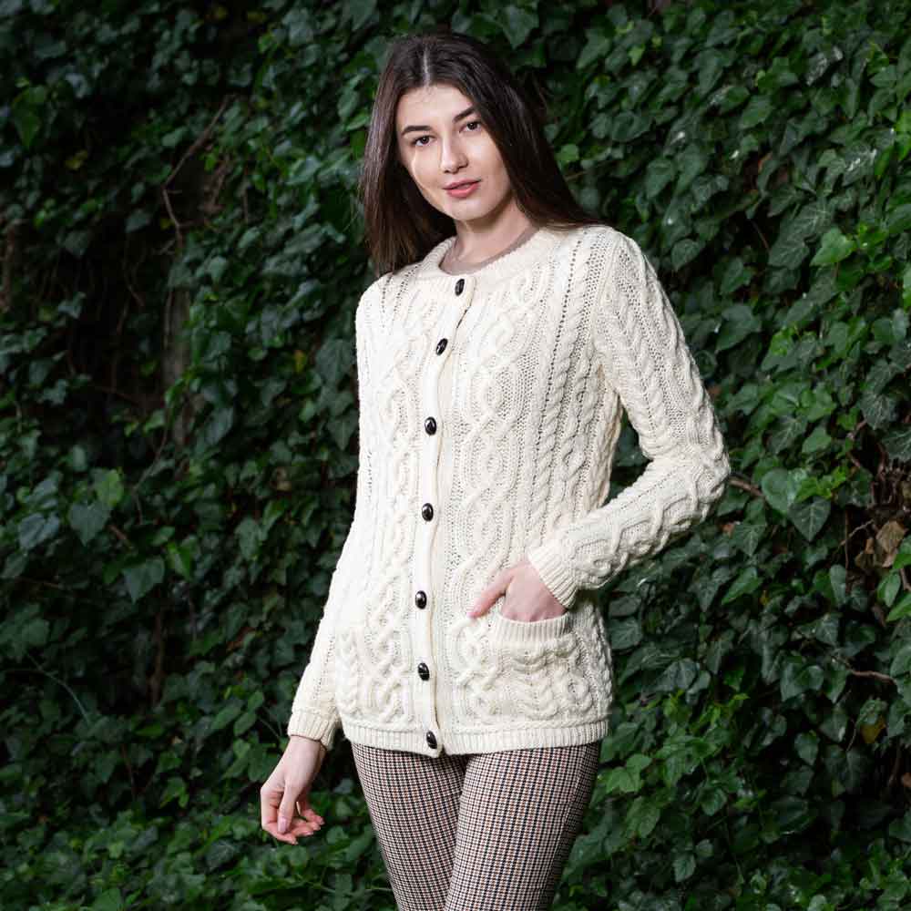 Product image for Irish Cardigan | Merino Wool Aran Knit Ladies Button Cardigan