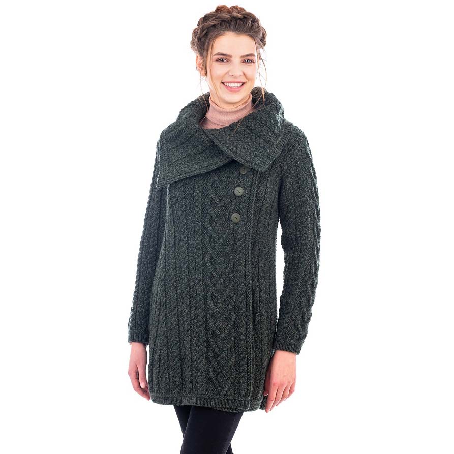 Product image for Irish Coat | Merino Wool Classic Aran Cable Knit Ladies Coat