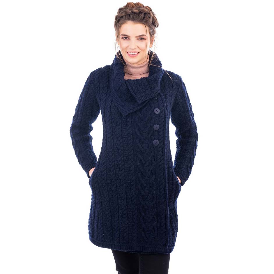 Product image for Irish Coat | Merino Wool Classic Aran Cable Knit Ladies Coat