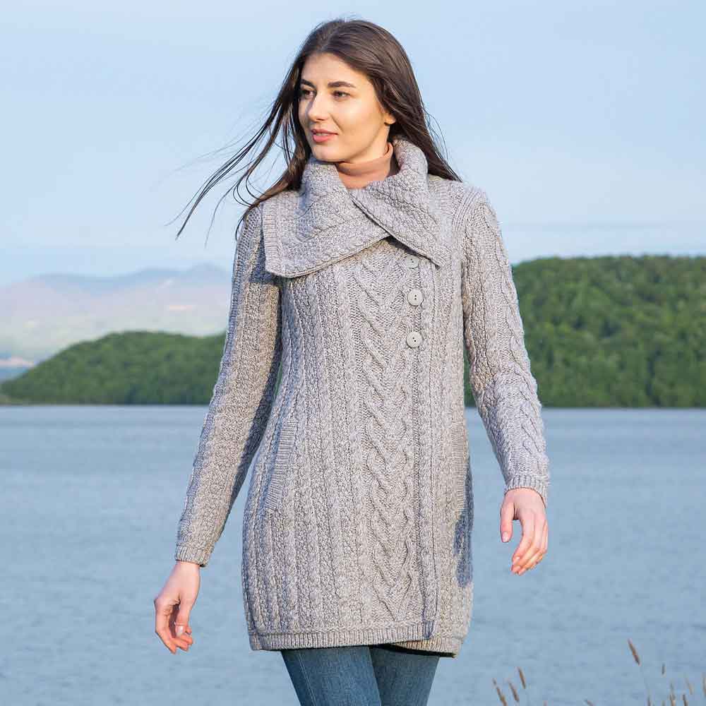 Product image for Irish Coat | Merino Wool Classic Aran Cable Knit Ladies Coat