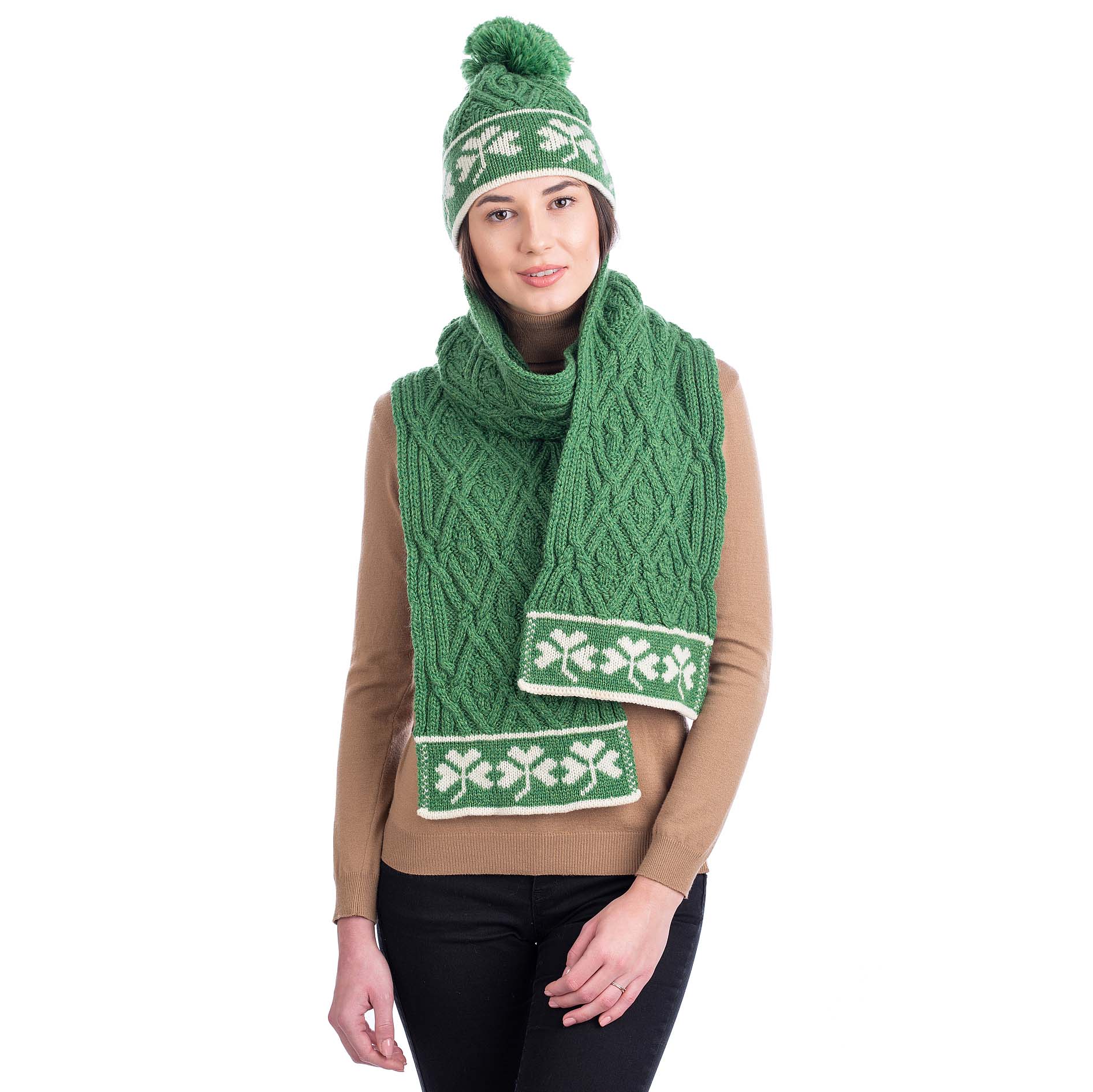 Product image for Irish Scarf | Merino Wool Aran Cable Knit Shamrock Ladies Scarf