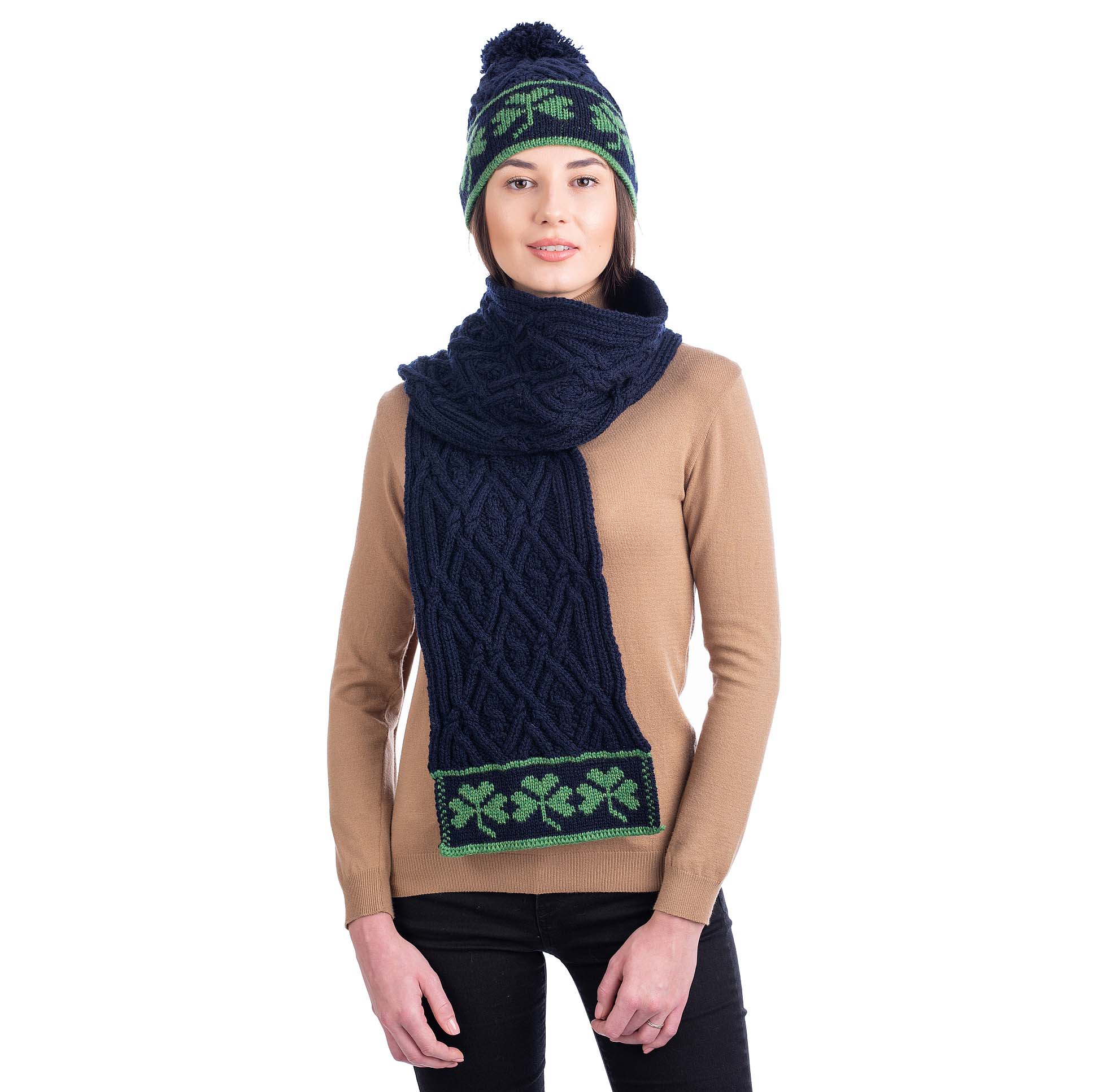 Product image for Irish Scarf | Merino Wool Aran Cable Knit Shamrock Ladies Scarf