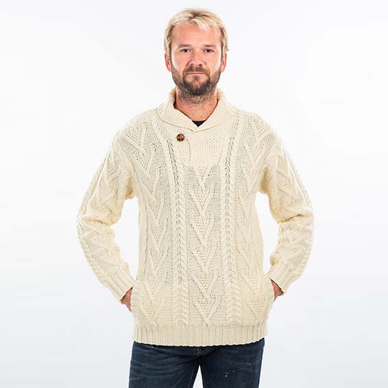 Product image for Irish Sweater | Merino Wool Aran Knit Shawl Collar Single Button Mens Sweater
