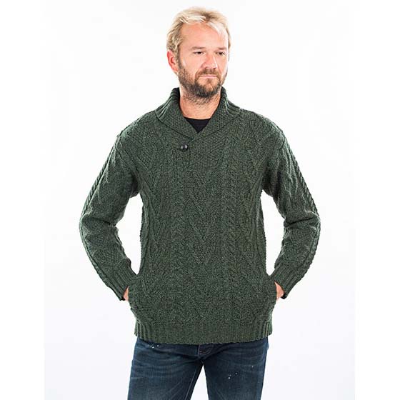 Product image for Irish Sweater | Merino Wool Aran Knit Shawl Collar Single Button Mens Sweater
