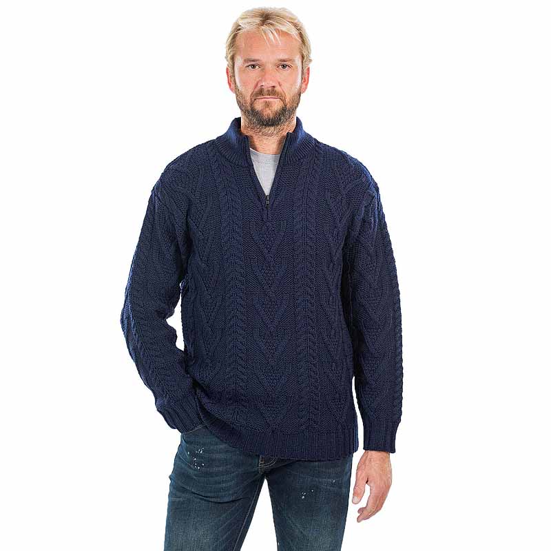 Product image for Irish Sweater | Merino Wool Aran Knit Zip Neck Fisherman Mens Sweater