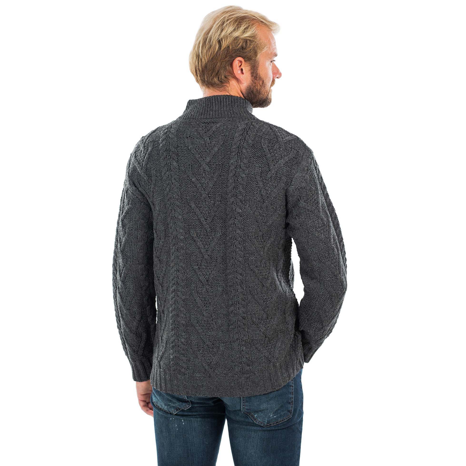 Product image for Irish Sweater | Merino Wool Aran Knit Zip Neck Fisherman Mens Sweater
