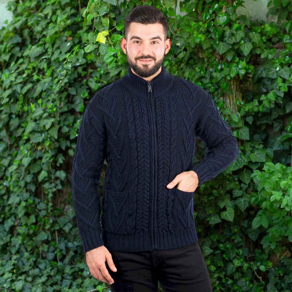 Product image for Irish Cardigan | Merino Wool Aran Knit Mens Zip Cardigan