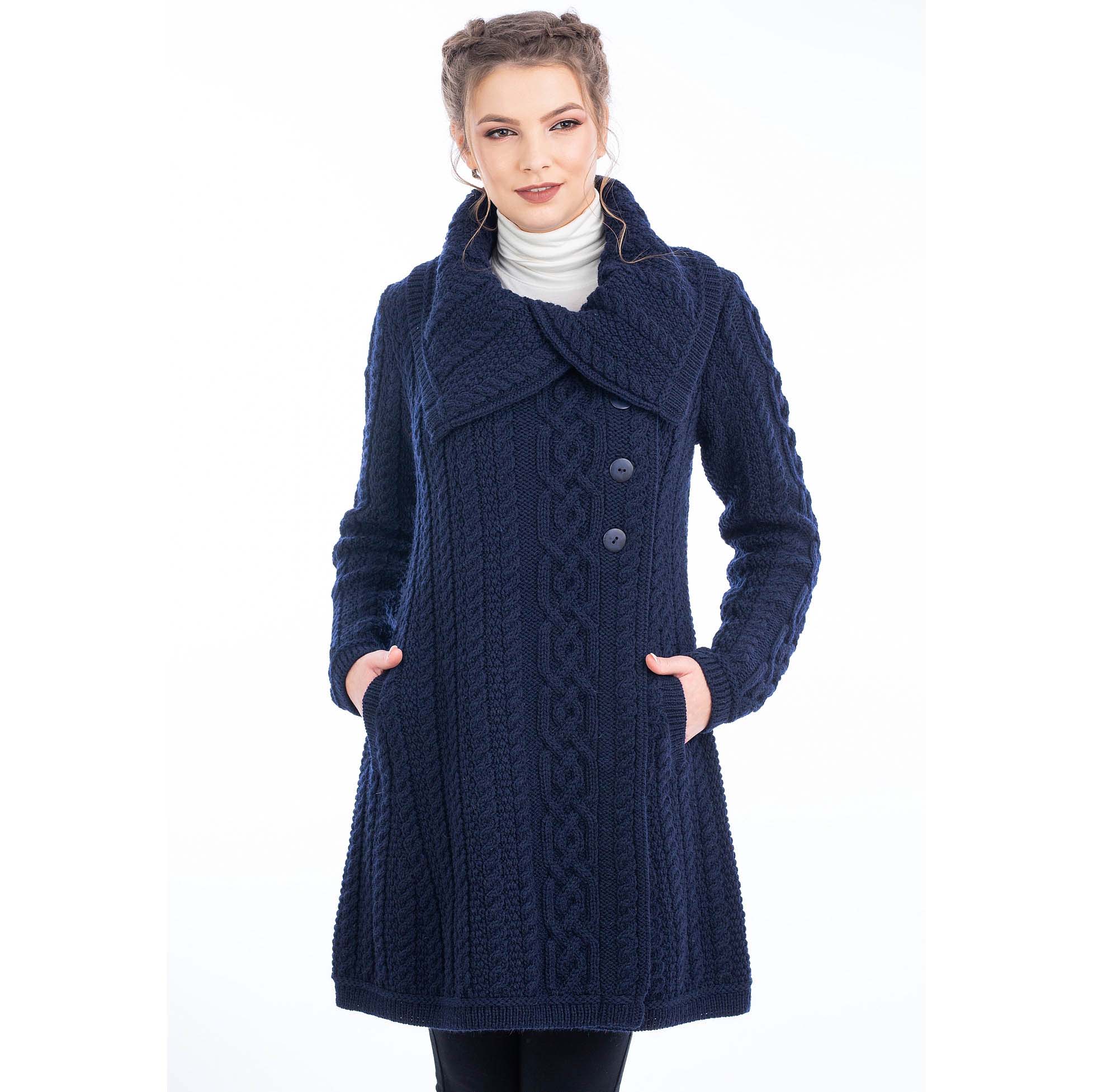 Product image for Irish Coat | Aran Knit 4 Button Collar Ladies Coat