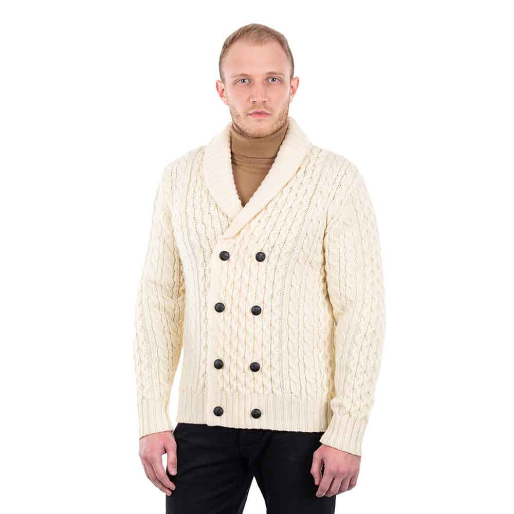 Product image for SALE | Irish Cardigan | Double Breasted Shawl Collar Aran Cable Knit Mens Cardigan
