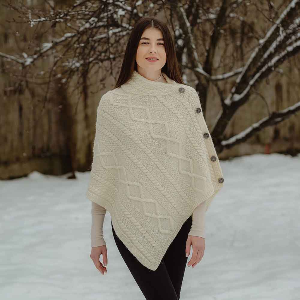Product image for Irish Shawl | Aran Cable Knit Cowl Neck Celtic Button Poncho
