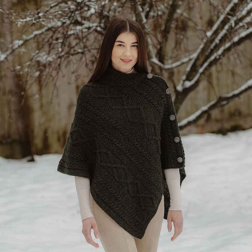 Product image for Irish Shawl | Aran Cable Knit Cowl Neck Celtic Button Poncho