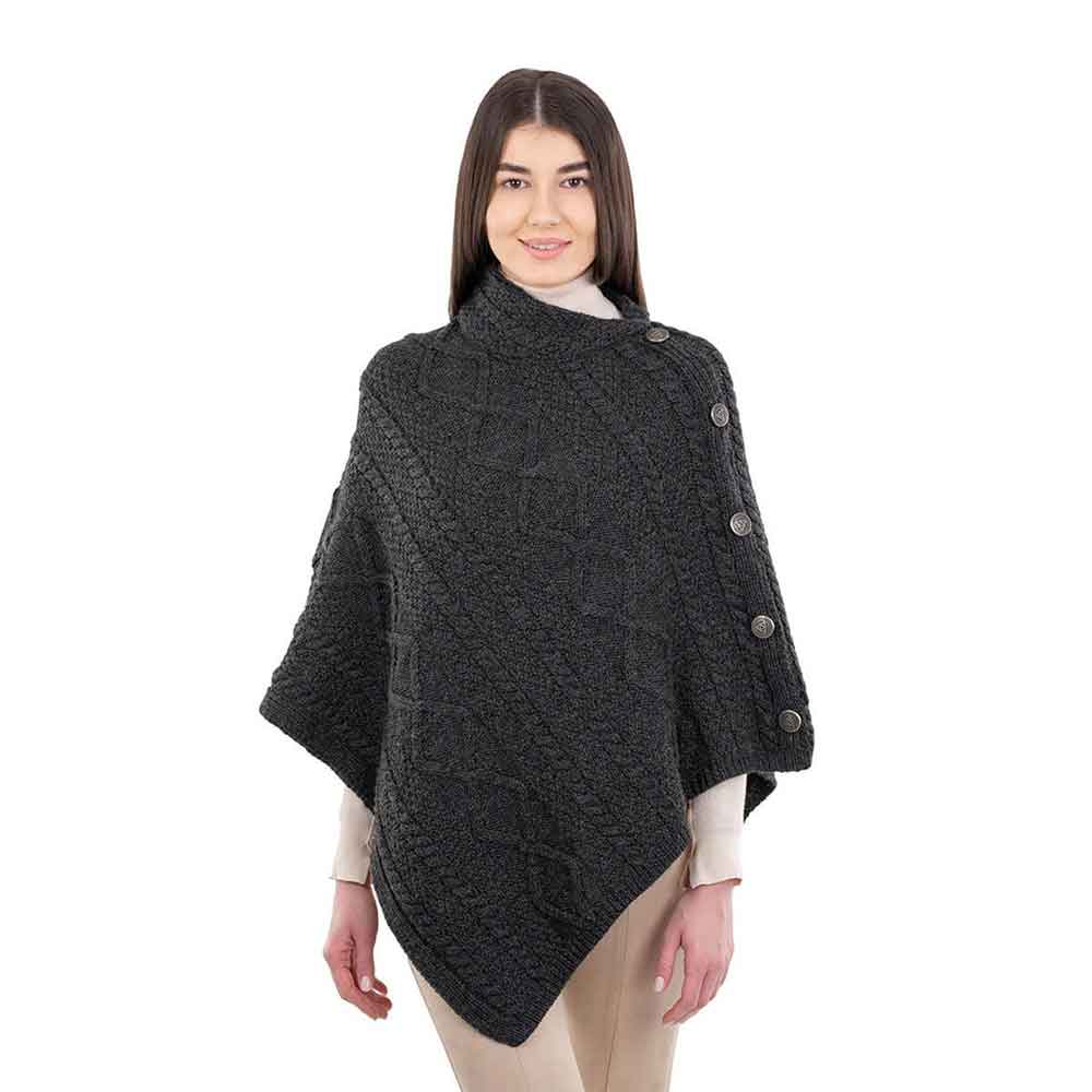 Product image for Irish Shawl | Aran Cable Knit Cowl Neck Celtic Button Poncho