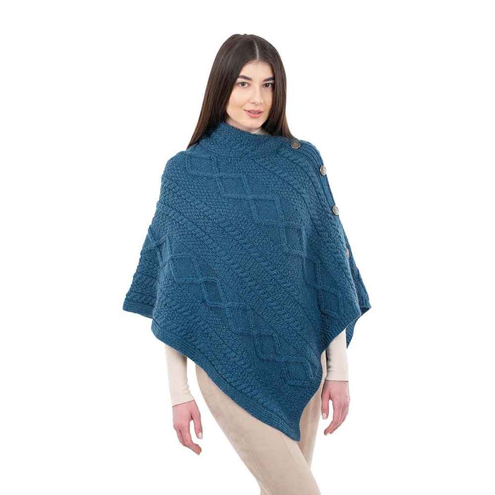 Product image for Irish Shawl | Aran Cable Knit Cowl Neck Celtic Button Poncho