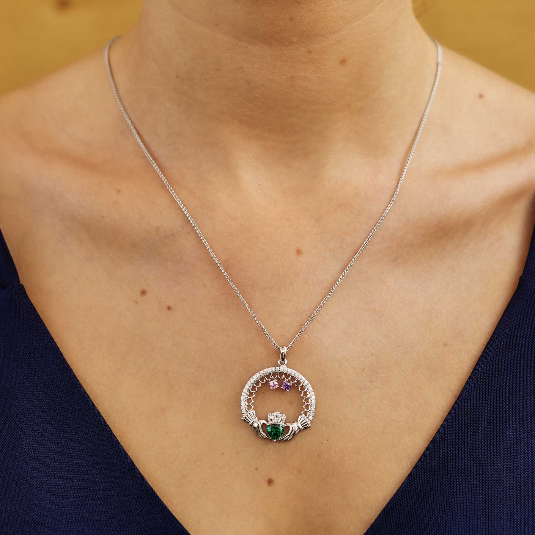 Product image for Claddagh Necklace | Mother's Family Birthstone Sterling Silver Pendant