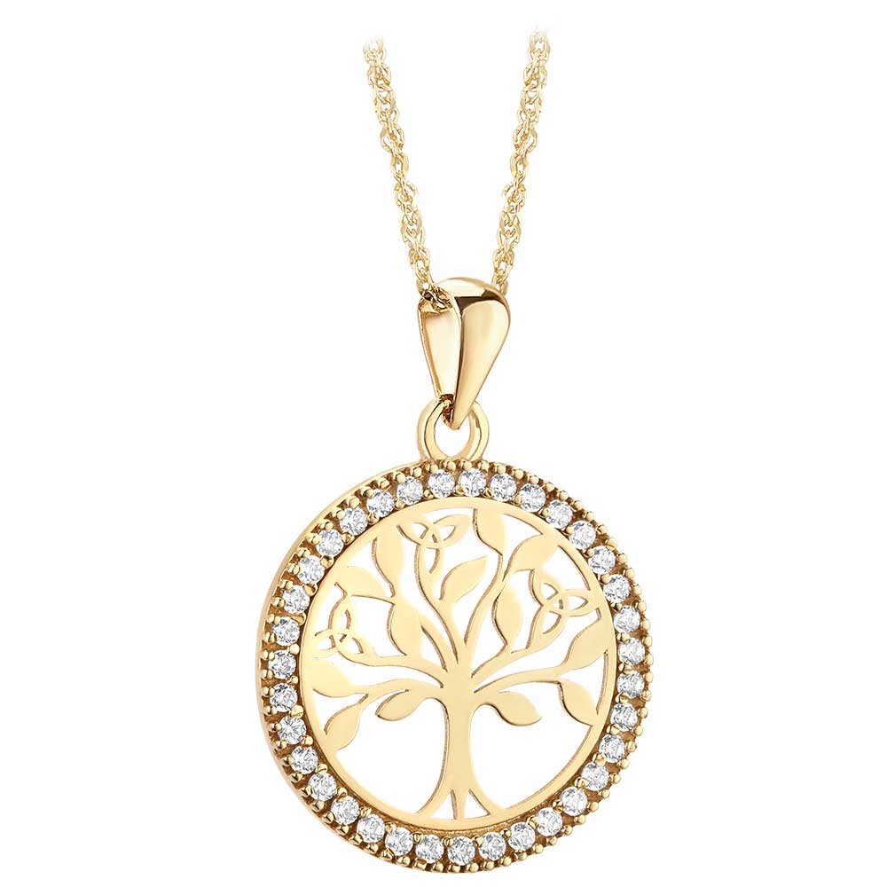 Product image for Irish Necklace | 10k Yellow Gold CZ Circle Celtic Tree of Life Pendant