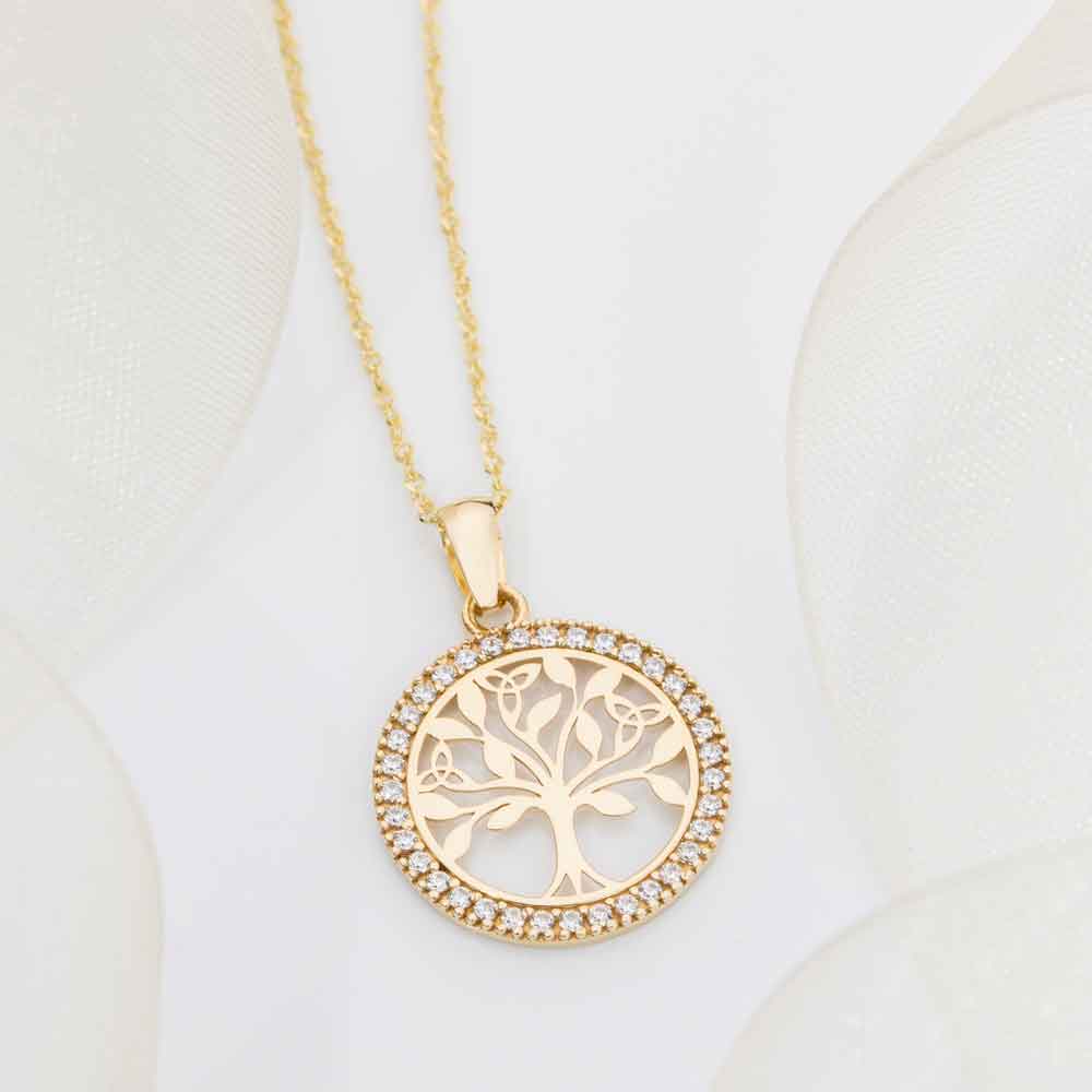 Product image for Irish Necklace | 10k Yellow Gold CZ Circle Celtic Tree of Life Pendant