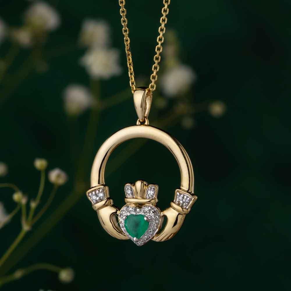 Product image for Irish Necklace | 14k Gold Diamond & Emerald Claddagh Pendant