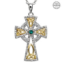 Alternate image for Celtic Cross Necklace - Sterling Silver and Gold Plated Trinity Gold Plated Cross Embellished with Emerald Swarovski Crystals
