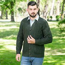 Alternate image for Irish Cardigan | Merino Wool V Neck Cable Knit Mens Cardigan