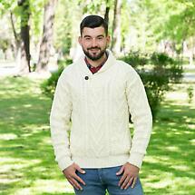 Alternate image for Irish Sweater | Merino Wool Aran Knit Shawl Collar Single Button Mens Sweater