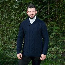Alternate image for Irish Sweater | Merino Wool Aran Knit Shawl Collar Single Button Mens Sweater