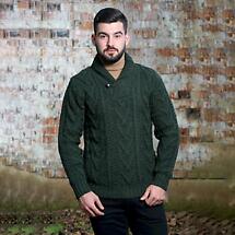 Alternate image for Irish Sweater | Merino Wool Aran Knit Shawl Collar Single Button Mens Sweater