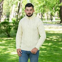 Alternate image for Irish Sweater | Merino Wool Aran Knit Zip Neck Fisherman Mens Sweater