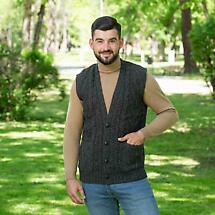 Alternate image for Irish Cardigan | Merino Wool Aran Knit Sleeveless Mens Cardigan