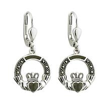 Alternate image for Claddagh Earrings - Sterling Silver Marcasite & Connemara Marble Claddagh Drop Earrings