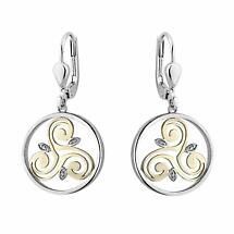 Alternate image for Irish Earrings | Diamond Sterling Silver and 10k Yellow Gold Round Celtic Spiral Triskele Earrings
