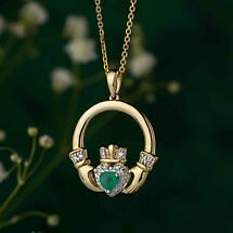 Alternate image for Irish Necklace | 14k Gold Diamond & Emerald Claddagh Pendant